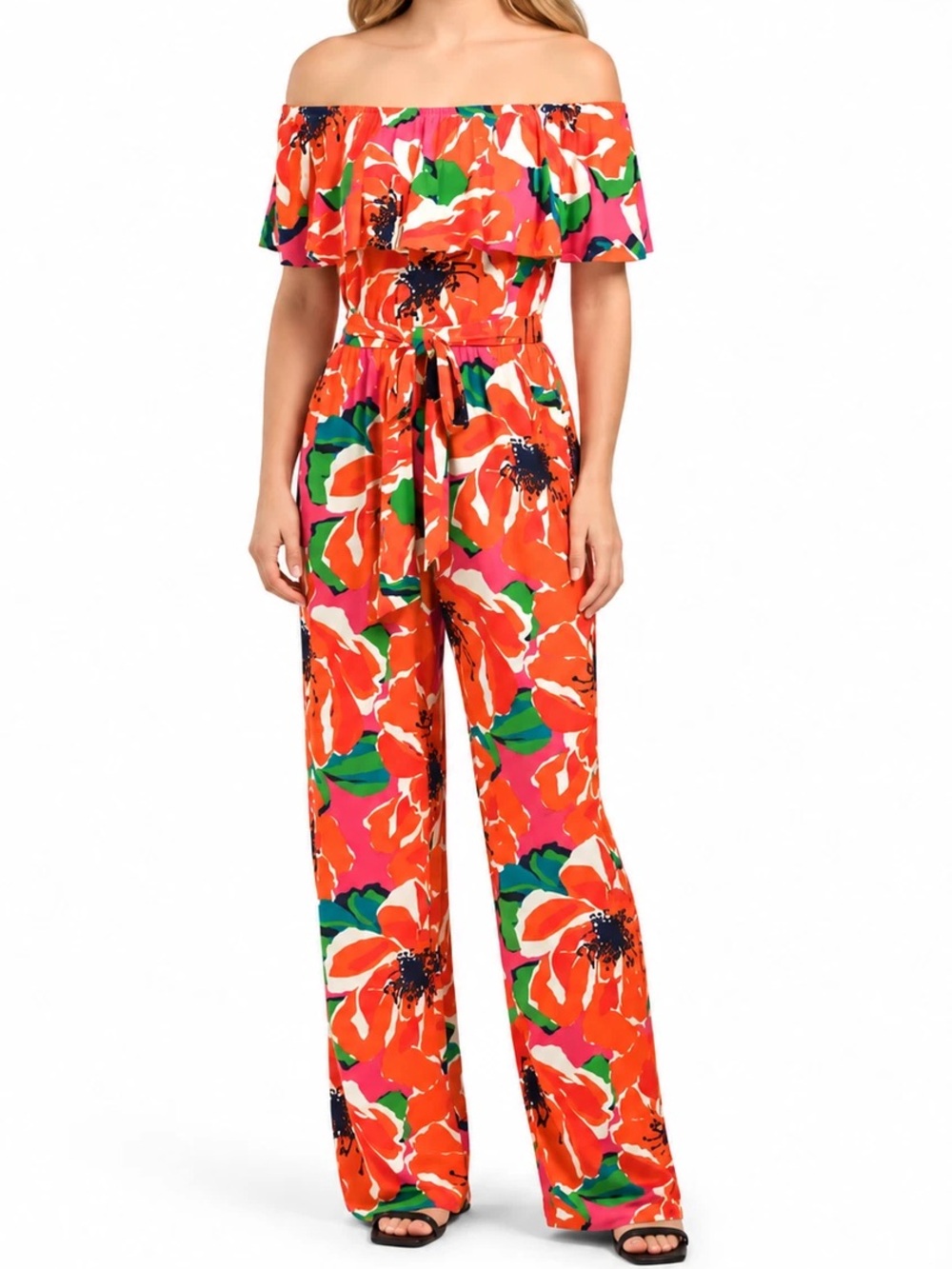 Trina Turk White Orange Pink Floral Off the Shoulder Ruffled Jumpsuit